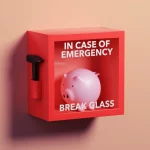 Caixa de emergência vermelha com um cofrinho rosa e a frase "IN CASE OF EMERGENCY BREAK GLASS", acompanhada de um martelo ao lado esquerdo, sobre uma parede pêssego.