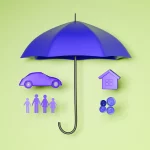 Imagem de um guarda-chuva azul simbolizando proteção, abrangendo um carro, uma família e uma casa com moedas, todos em azul, sobre fundo verde-claro.