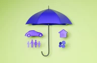 Imagem de um guarda-chuva azul simbolizando proteção, abrangendo um carro, uma família e uma casa com moedas, todos em azul, sobre fundo verde-claro.