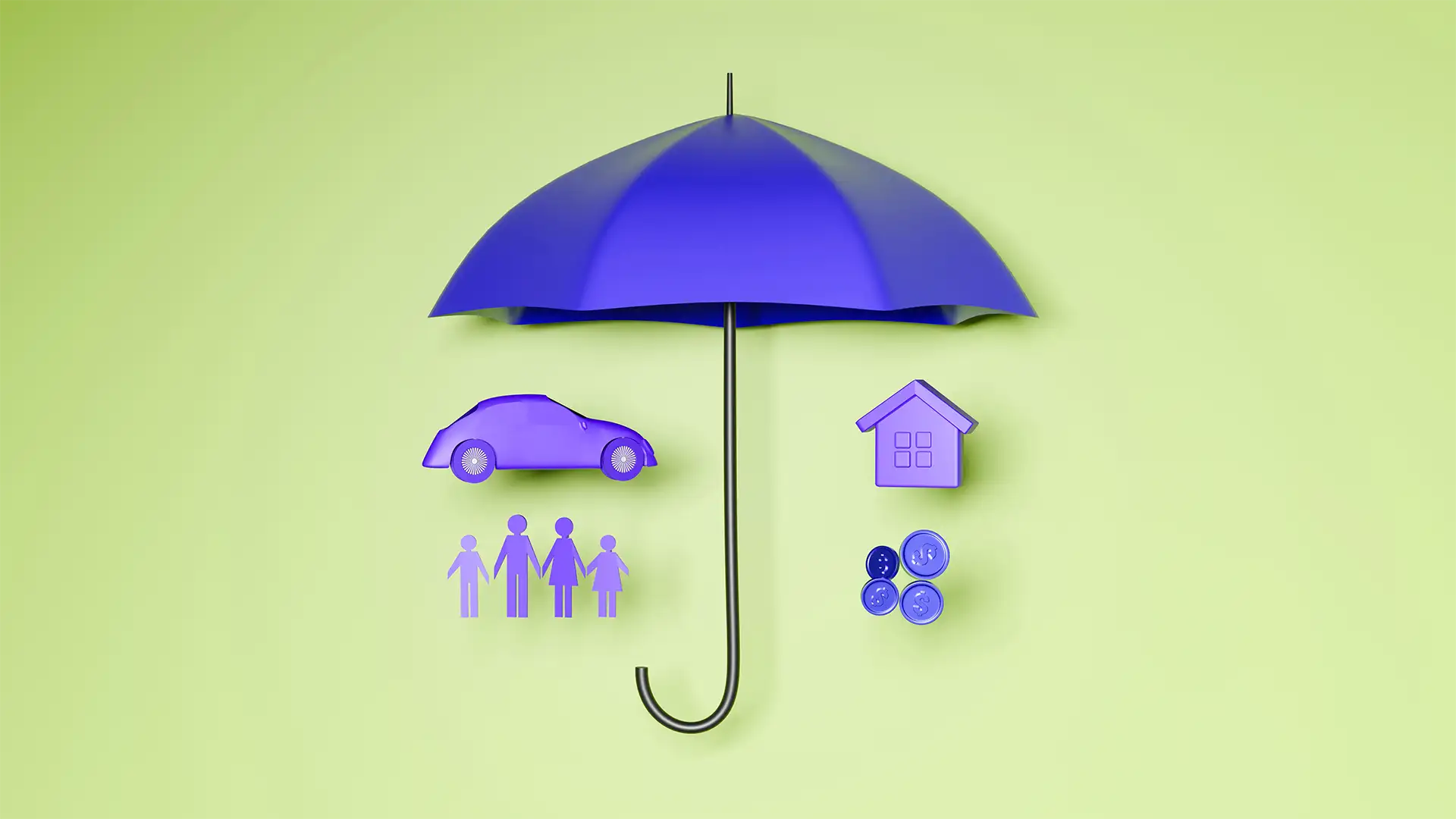 Imagem de um guarda-chuva azul simbolizando proteção, abrangendo um carro, uma família e uma casa com moedas, todos em azul, sobre fundo verde-claro.