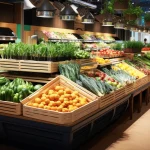 Interior organizado de mercado hortifrúti com frutas e vegetais frescos em caixas de madeira, sob iluminação direta e decoração acolhedora, com pessoas ao fundo.