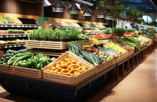 Interior organizado de mercado hortifrúti com frutas e vegetais frescos em caixas de madeira, sob iluminação direta e decoração acolhedora, com pessoas ao fundo.