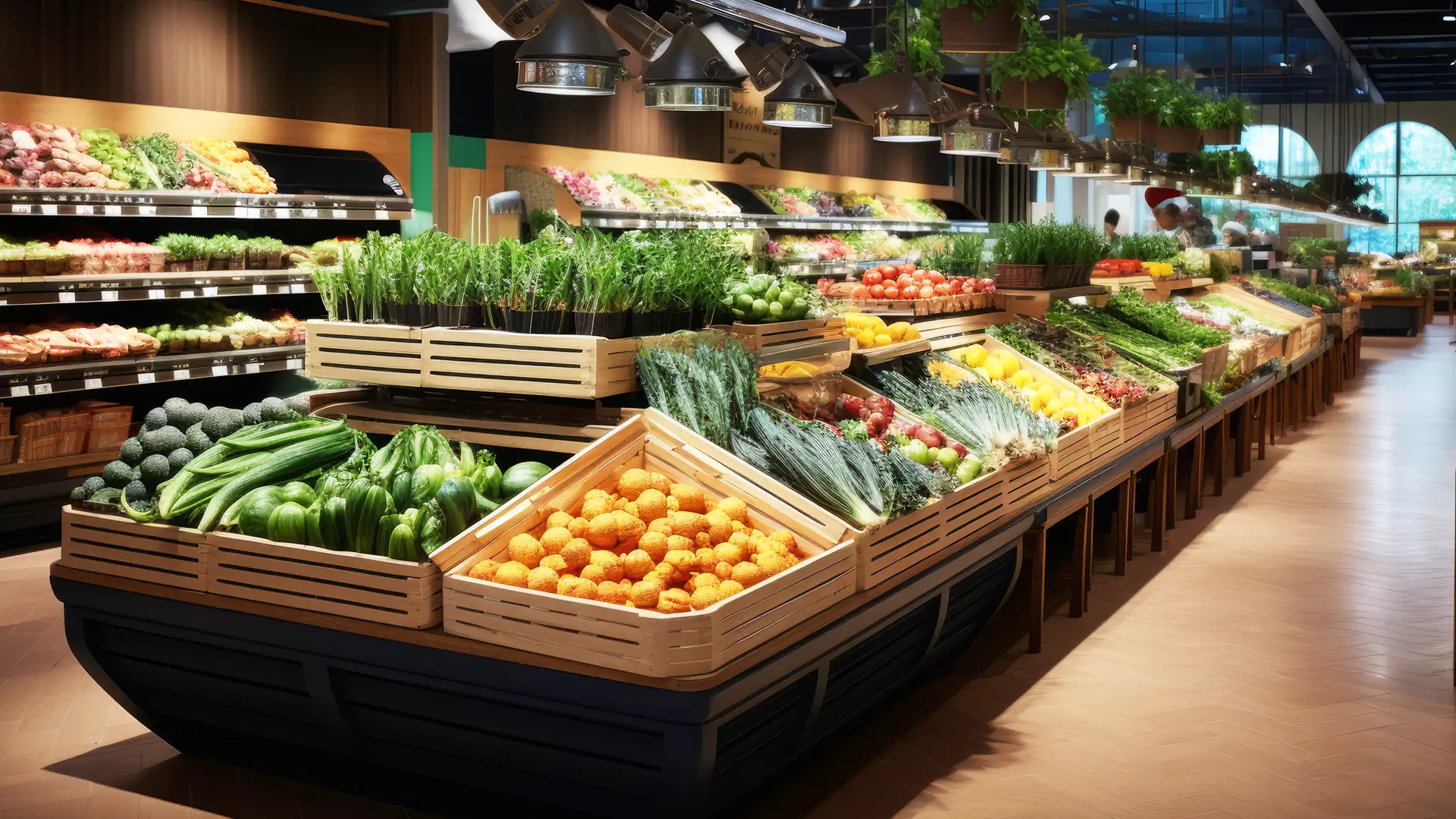 Interior organizado de mercado hortifrúti com frutas e vegetais frescos em caixas de madeira, sob iluminação direta e decoração acolhedora, com pessoas ao fundo.