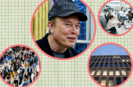 Elon Musk central com chapéu MAGA, cercado por círculos menores: escritório, multidão e prédio corporativo em grade verde.
