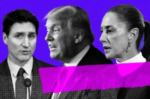 Trudeau, Trump e Sheinbaum, perfis em preto e branco lado a lado em fundo roxo.