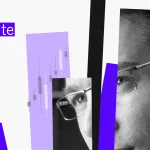 Fundo branco e colagens coloridas, incluindo texto "Fato Relevante" e gráficos de velas financeiras sobrepostos a um rosto masculino em preto e branco.