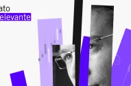 Fundo branco e colagens coloridas, incluindo texto "Fato Relevante" e gráficos de velas financeiras sobrepostos a um rosto masculino em preto e branco.
