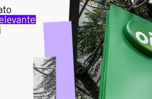 Banner digital com texto 'Fato Relevante Oi' à esquerda e letreiro verde da Oi à direita.