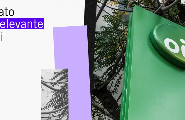 Banner digital com texto 'Fato Relevante Oi' à esquerda e letreiro verde da Oi à direita.