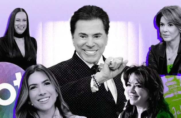 Silvio Santos sorrindo no centro, rodeado por 4 mulheres. Logos SBT+ e Jolie presentes.