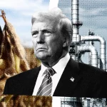 Uma composição que simboliza a conexão entre agricultura e indústria, com uma planta de soja, um retrato de Donald Trump sério em trajes formais e uma infraestrutura industrial.