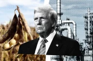 Uma composição que simboliza a conexão entre agricultura e indústria, com uma planta de soja, um retrato de Donald Trump sério em trajes formais e uma infraestrutura industrial.