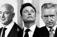 Três bilionários: Jeff Bezos, Elon Musk e Bernard Arnault, em retratos preto e branco.