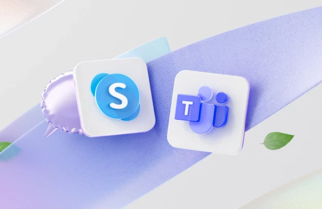 Ícones 3D do Skype e Microsoft Teams lado a lado, em fundo abstrato roxo e branco com elementos orgânicos.