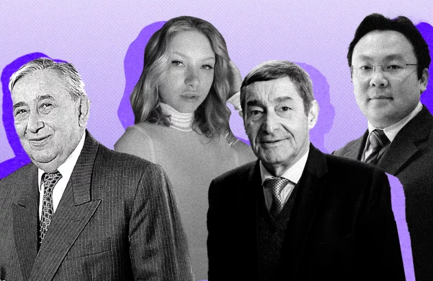 Quatro retratos em tons de cinza: três homens e uma mulher, em colagem, com sombras e fundo roxos.