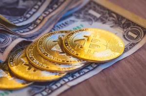 Moedas Bitcoin douradas sobre notas de dólar americano.