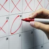 Imagem de uma mão segurando uma caneta vermelha enquanto circula a data 14 em um calendário de papel com fundo branco e números pretos. Datas 12 e 13 têm xis vermelhos.