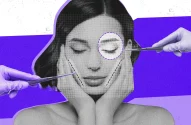 A imagem retrata uma mulher com os olhos fechados e um rosto coberto por uma grade de linhas 3D, com duas mãos enluvadas roxas segurando instrumentos cirúrgicos próximos ao rosto, sugerindo um tema de procedimentos estéticos, sobre um fundo de faixas roxas e brancas.