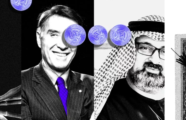 Retrato dividido de dois homens, um ocidental e um árabe, com moedas roxas sobre os olhos. Cédula de dólar à direita.
