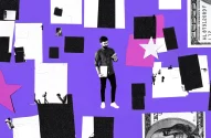 Imagem artística com fundo roxo, retângulos preto e branco, homem segurando notebook e smartphone, com estrelas rosa e fragmentos de notas de dólar.