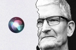 Logo da Siri à esquerda e retrato P&B de Tim Cook à direita, separados por linha irregular.
