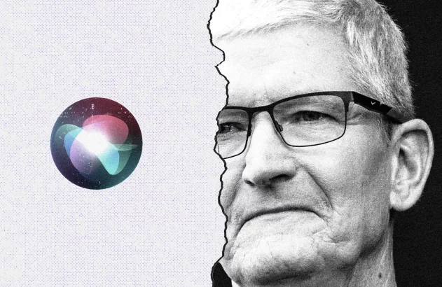 Logo da Siri à esquerda e retrato P&B de Tim Cook à direita, separados por linha irregular.