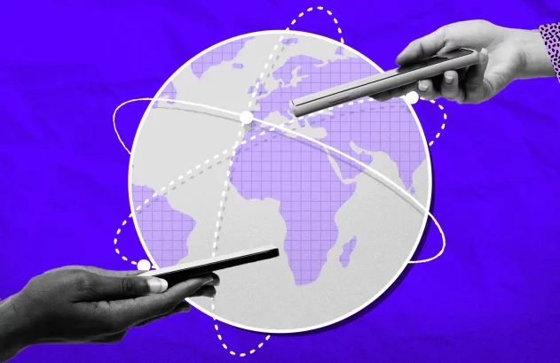 Mãos seguram celulares em torno de um globo terrestre com linhas de rede, simbolizando conexão global.
