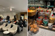 Lounge movimentado com pessoas sentadas e em pé. À direita, balcão com muffins, doces, frutas e macarrão instantâneo.