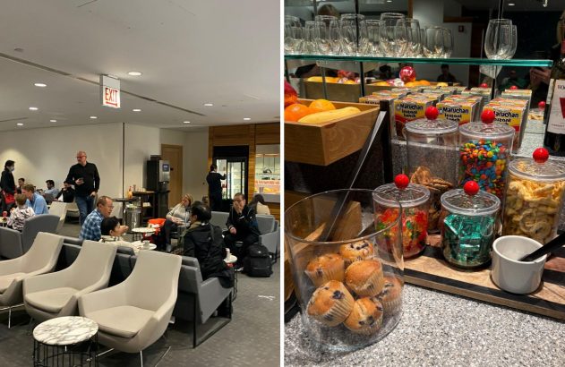 Lounge movimentado com pessoas sentadas e em pé. À direita, balcão com muffins, doces, frutas e macarrão instantâneo.