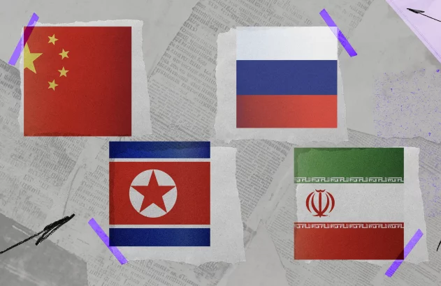 Quatro bandeiras internacionais dispostas em fundo texturizado de jornal, presas com fitas adesivas azul roxa nos cantos.
