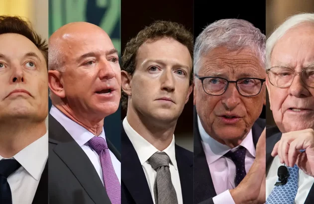 Retratos de cinco bilionários: Elon Musk, Jeff Bezos, Mark Zuckerberg, Bill Gates e Warren Buffett.