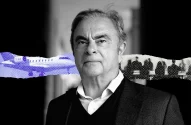 Retrato P&B de Carlos Ghosn, com avião a jato e silhuetas de reunião em elementos de colagem pontilhados em azul.