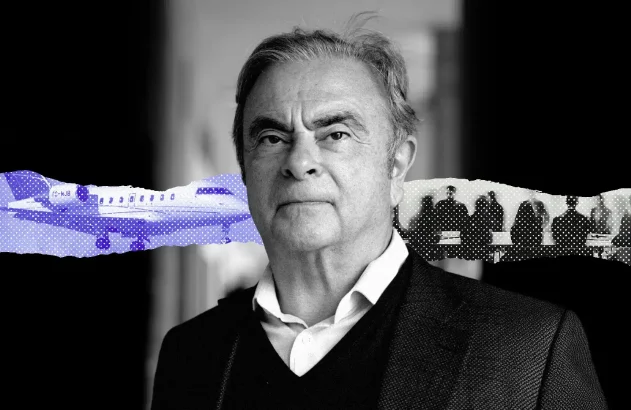 Retrato P&B de Carlos Ghosn, com avião a jato e silhuetas de reunião em elementos de colagem pontilhados em azul.