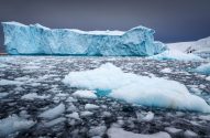 Grande iceberg azul e muitos pedaços de gelo flutuam em água escura sob céu cinzento. Cenário polar.
