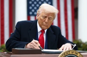 O Presidente Donald Trump assina documento em mesa oficial, com bandeiras americanas no fundo.