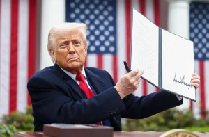 Donald Trump exibe documento assinado e caneta à frente de bandeiras dos EUA.