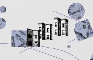 A imagem mostra uma composição abstrata com prédios residenciais tradicionais e gráficos de notas de dinheiro em um fundo branco. Linhas curvas roxas atravessam a imagem.