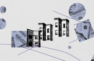 A imagem mostra uma composição abstrata com prédios residenciais tradicionais e gráficos de notas de dinheiro em um fundo branco. Linhas curvas roxas atravessam a imagem.