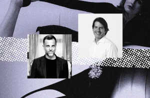 Dois retratos de homens em P&B em destaque sobre fundo abstrato em tons de roxo e preto com padrões de pontos.
