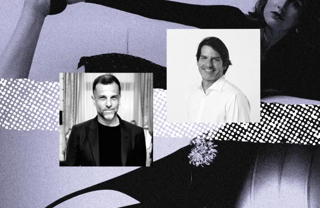 Dois retratos de homens em P&B em destaque sobre fundo abstrato em tons de roxo e preto com padrões de pontos.