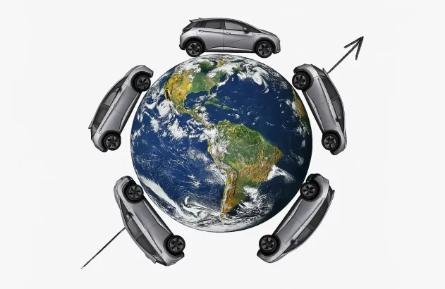 Planeta Terra com vários carros cinza ao redor e uma seta preta indicando crescimento para os veículos.