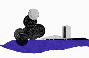 A imagem mostra moedas empilhadas e sobrepostas à esquerda, enquanto à direita está uma representação estilizada do Congresso Nacional do Brasil. Na parte inferior, uma faixa roxa atravessa a composição.