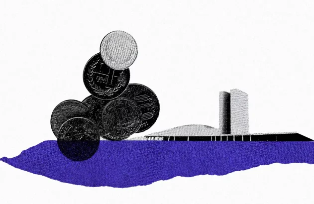 A imagem mostra moedas empilhadas e sobrepostas à esquerda, enquanto à direita está uma representação estilizada do Congresso Nacional do Brasil. Na parte inferior, uma faixa roxa atravessa a composição.