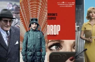 Colagem de pôsteres de filmes: homem de chapéu, piloto, pôster "DROP" e Scarlett Johansson em vestido amarelo.