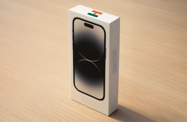 Caixa de smartphone com bandeira da Índia e inscrição "Made in India" sobre madeira clara.