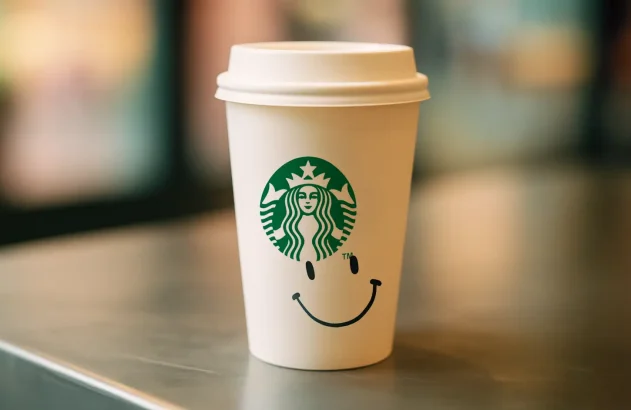 Copo descartável de papel com tampa branca e logotipo verde da Starbucks, destacando uma sereia de duas caudas no centro. Abaixo, um desenho de rosto sorridente. Fundo desfocado de cafeteria e superfície metálica refletem luz.