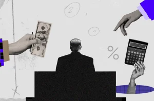 Uma colagem com elementos financeiros mostra um executivo de costas, uma mão oferecendo cem dólares, e duas mãos com uma calculadora e gesto de decisão, sobre símbolos de cálculos.