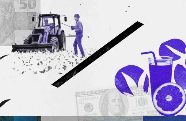 Imagem gráfica: trator arando terra, agricultor, notas de Reais e Dólar, suco de laranja e planta. Tons de azul e roxo.