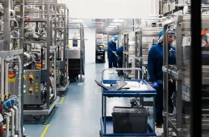 Pessoas com EPIs azuis operam maquinário de aço inox em uma instalação industrial limpa e moderna.