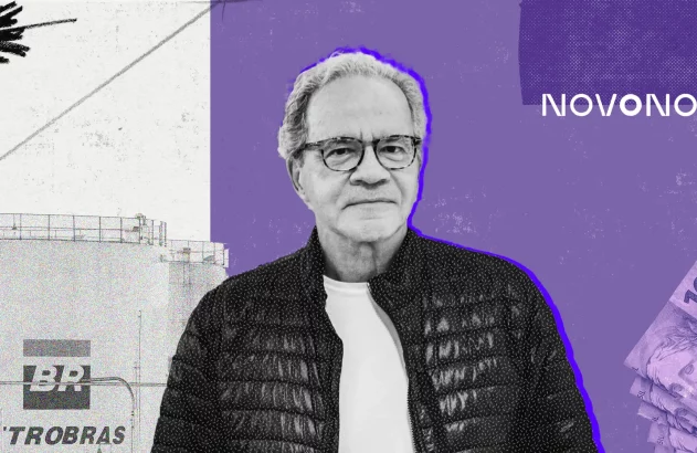 Retrato de Nelson Tanure com óculos e cabelo grisalho. Ao fundo: instalações Petrobras, logo Novonor e cédulas de 100 reais.